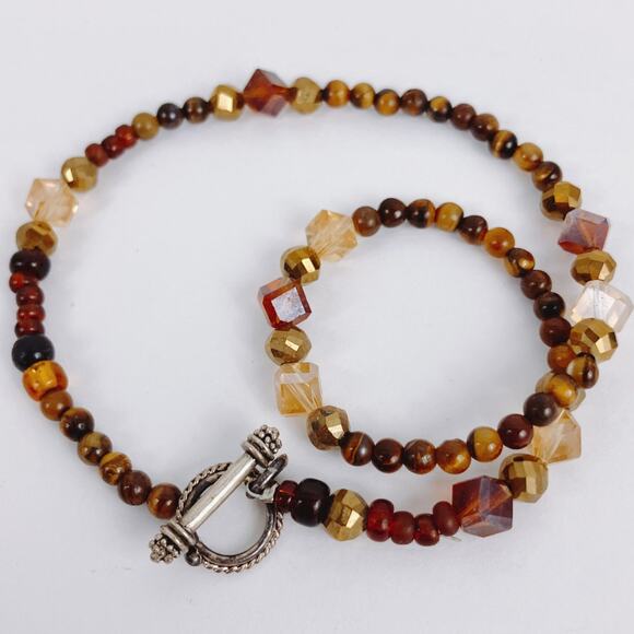 Vintage Tiger Eye Gemstone Necklace Amber Glass Beaded Choker Silver Tone Toggle - Picture 11 of 12